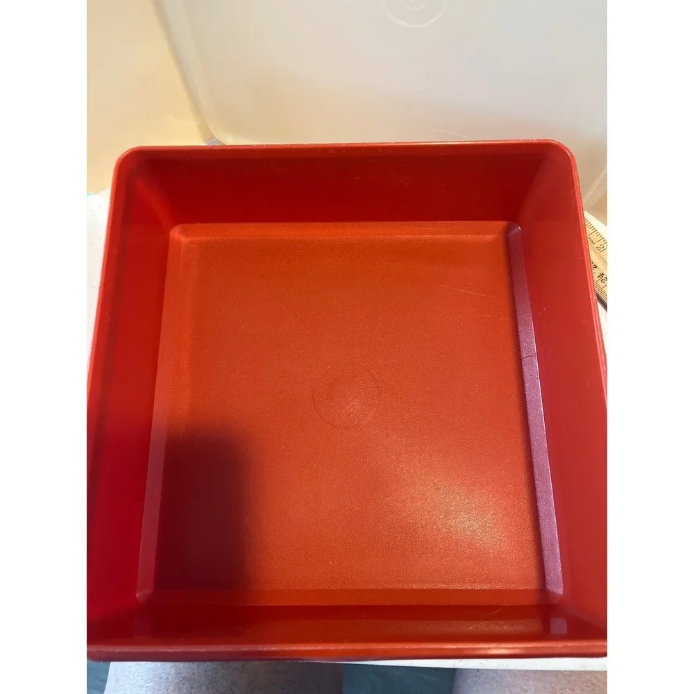 Vintage Tupperware Square Storage Container Red Orange with Lid 9x9 Made in USA